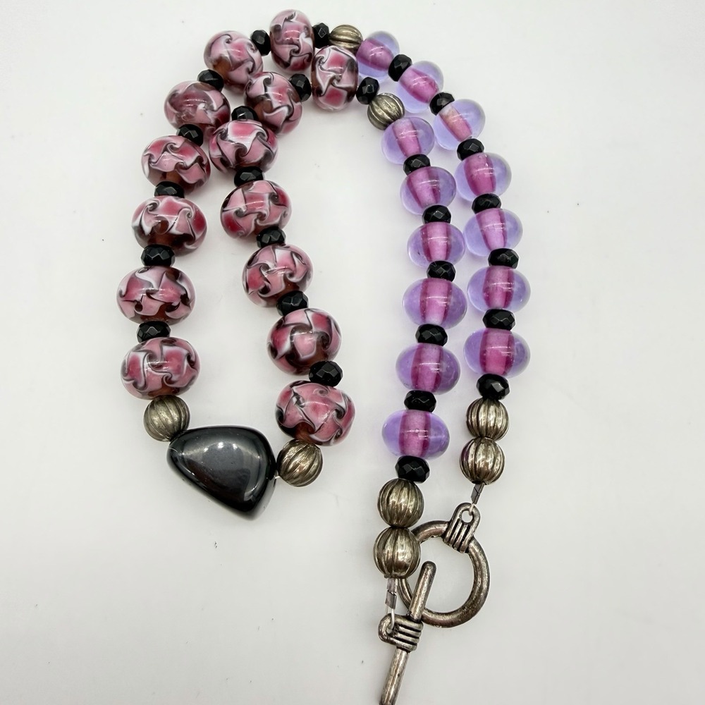 Vtg Millefiori Necklace Murano style Art Glass Pink Purple With Onyx Pendant Box